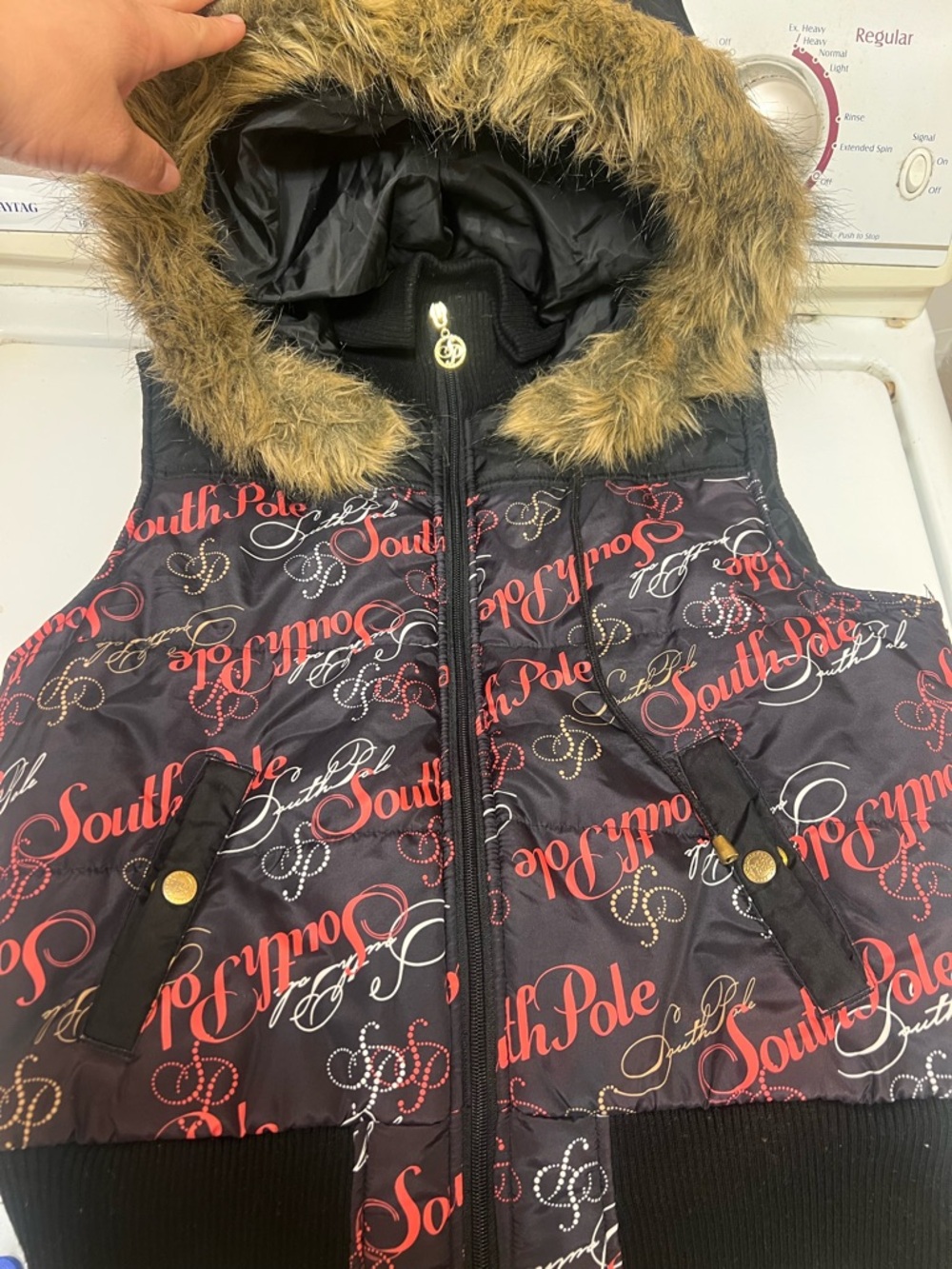 Vintage South Pole Girls Black Puffer Vest with Red Script and Faux Fur Trim